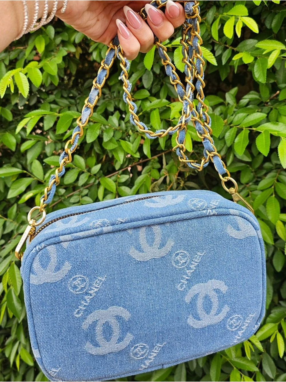 ❌SOLD❌ GWP Light Blue Denim Crossbody Camera Bag with Gold Chain